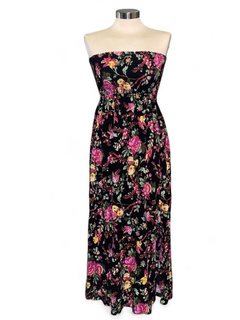 Rebellion Strapless Black Maxi Dress with Pink & Yellow Floral Print
